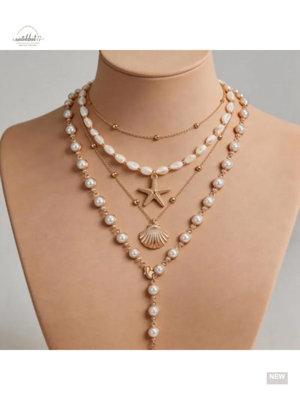 Gold Chain Shell Pearl Layered Beach Necklace Set